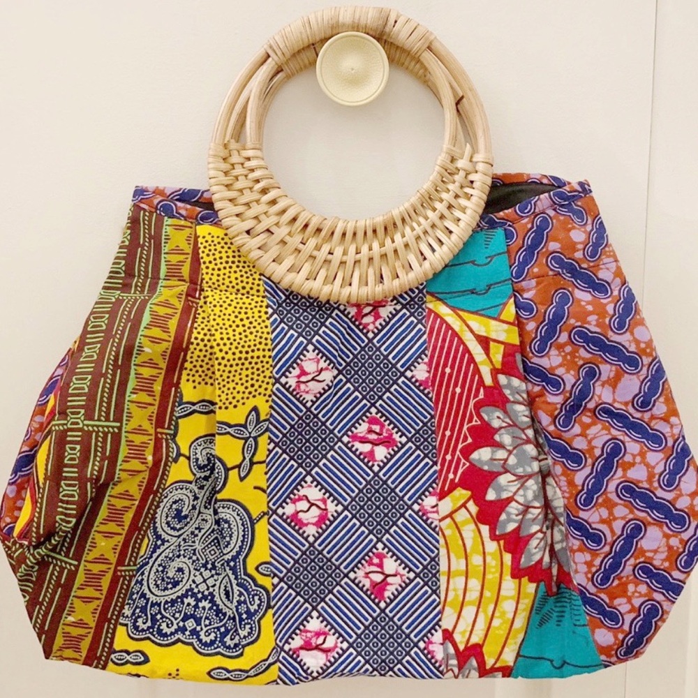 100% COTTON BAG NWT WOODEN HANDLE WAX PRINT
